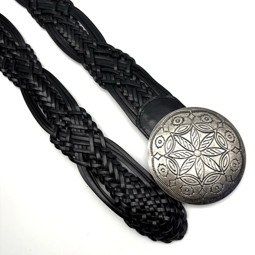 Vintage Y2K New York & Co Black Braided Leather Medallion Buckle Wide Belt M 34